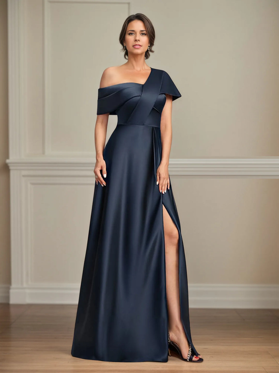 Asymmetrical A-Line Floor-Length Satin Mother of the Bride Dress with Pleats