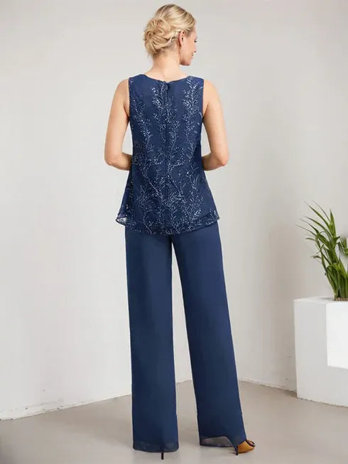Floor-Length Lace Chiffon Mother of the Bride Jumpsuit/Pantsuit with Scoop Neck and Sequins