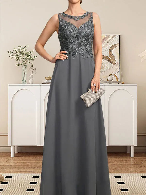 A-Line Scoop Neck Illusion Floor-Length Lace Chiffon Mother of the Bride Dress with Sequins