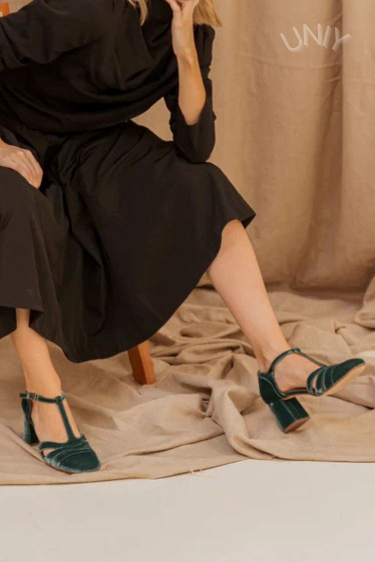 Maureen | Chunky Cut-Out Velvet Buckle T-Strap Heels