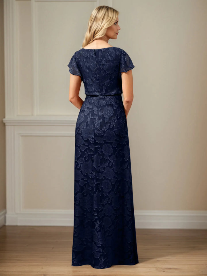 A-Line Boat Neck Short Sleeve Floral Burnout Mother of the Bride Dress