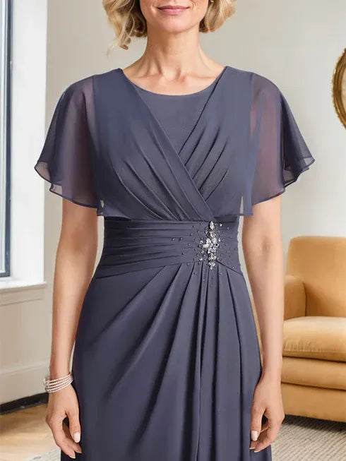 A-Line Scoop Neck Floor-Length Chiffon Mother of the Bride Dress with Pleated Beading