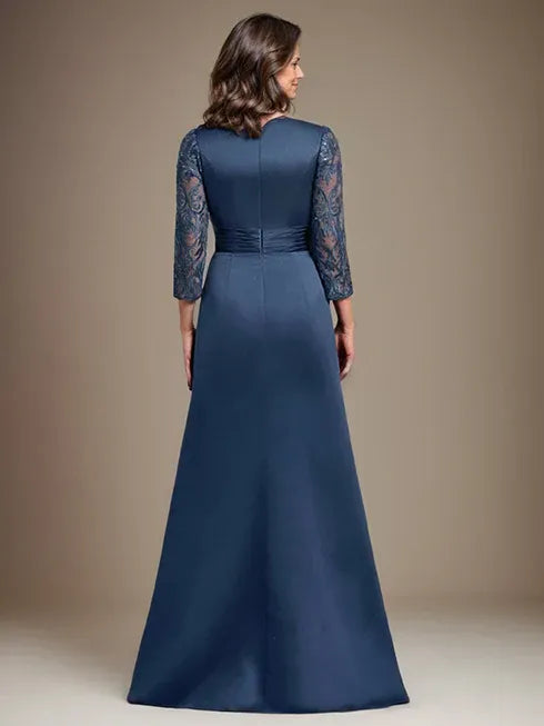 Floor-Length A-Line Lace Satin Mother of the Bride Dress with Scoop Neck and Applique