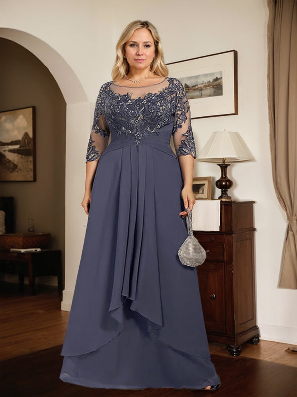 A-Line Scoop Neck Illusion Floor-Length Lace Chiffon Mother of the Bride Dress with Cascading Ruffles
