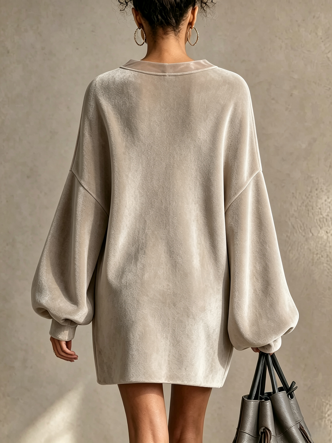 Women's Elegant V-Neck Bow Detail Batwing Sleeve Loose Fit Mini Dress