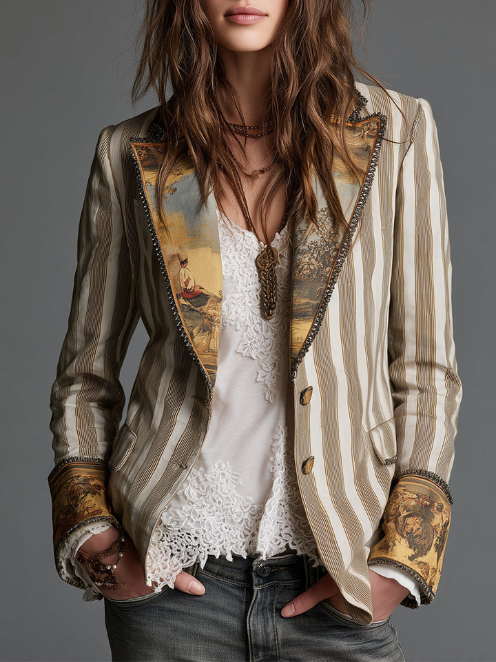 Women's Boho Striped Printed Lapel Blazer