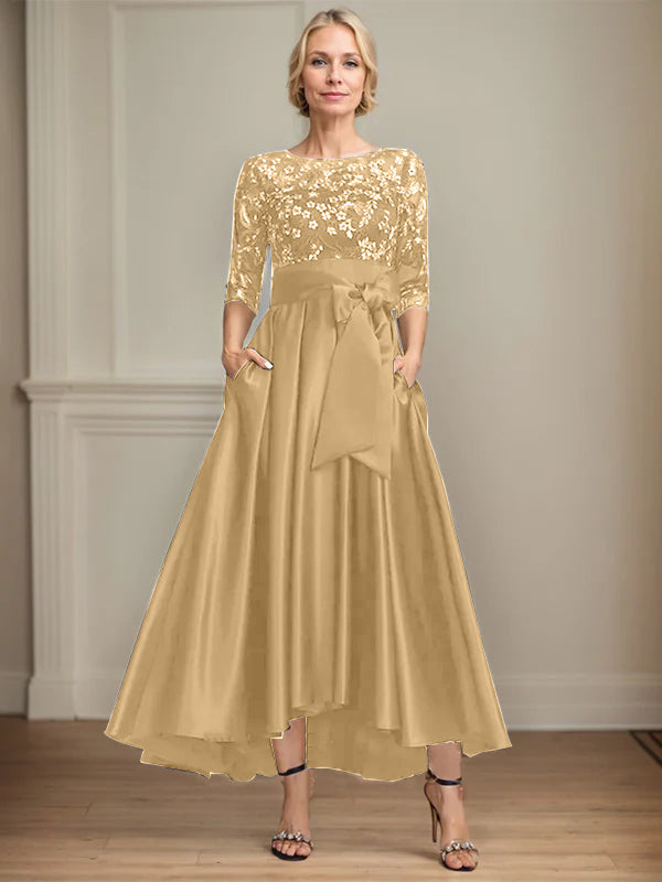 A-Line Scoop Neck Illusion Asymmetrical Satin Lace Mother of the Bride Dress with Bow
