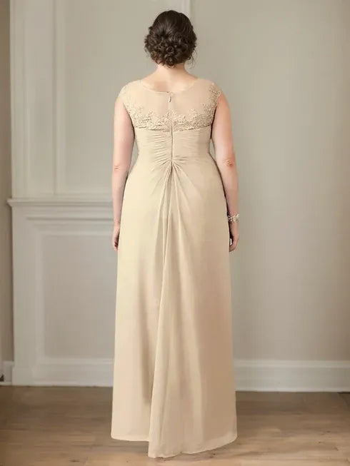 Champagne A-Line Lace and Chiffon Scoop Neck Dress