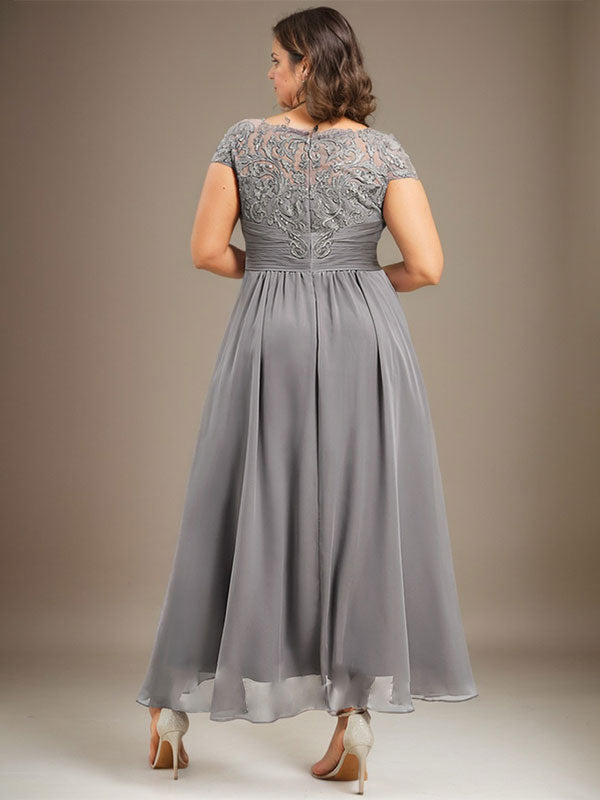 A-Line Scoop Neck Illusion Asymmetrical Lace Chiffon Mother of the Bride Dress with Pleats