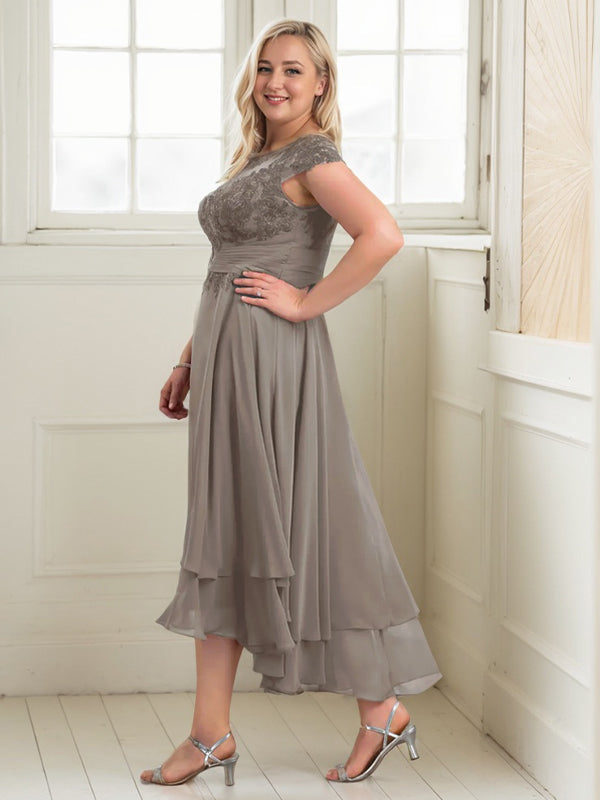 A-Line Boat Neck Illusion Asymmetrical Chiffon Lace Mother of the Bride Dress with Applique and Pleats