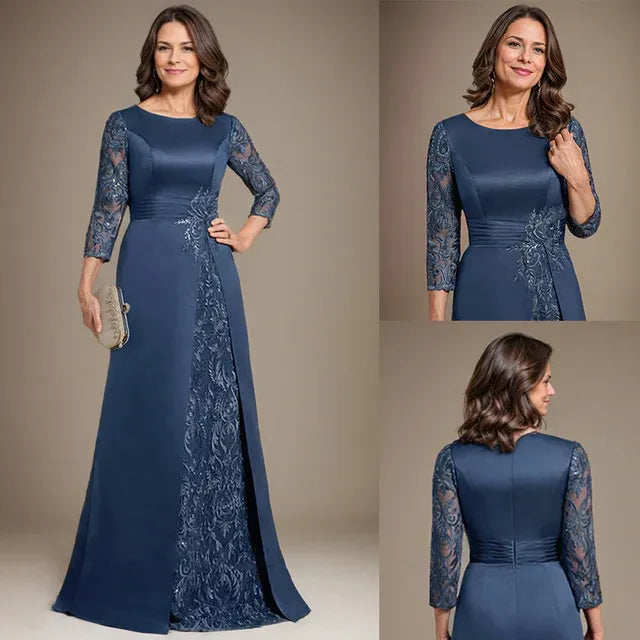 Floor-Length A-Line Lace Satin Mother of the Bride Dress with Scoop Neck and Applique