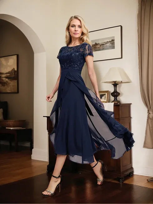 A-Line Scoop Neck Illusion Asymmetrical Chiffon Lace Mother of the Bride Dress with Bow, Ruffle, and Sequins