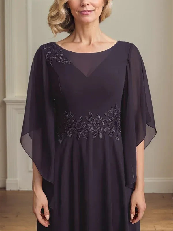 A-Line Scoop Neck Illusion Lace Chiffon Mother of the Bride Dress with Sequins and Ankle-Length Hem