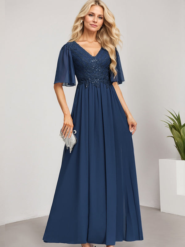 A-Line V-Neck Floor-Length Lace Chiffon Mother of the Bride Dress with Sequins