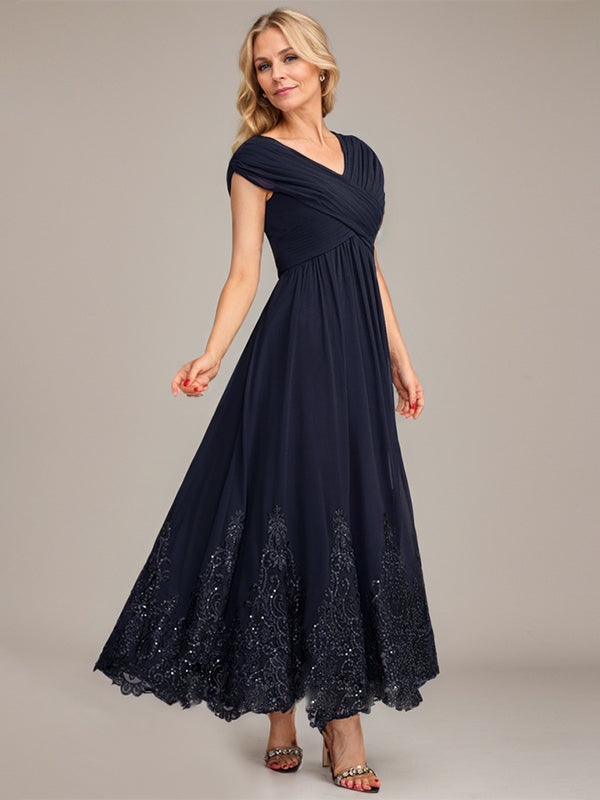 A-Line V-Neck Chiffon Mother of the Bride Dress with Appliqué and Sequins, Ankle-Length