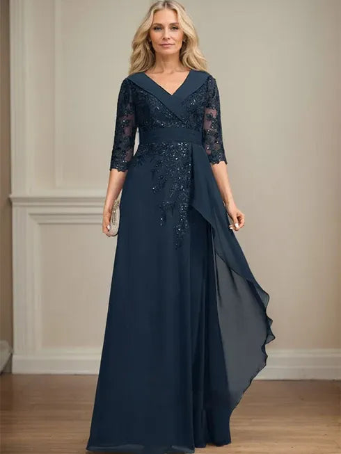 A-Line Collared V-Neck Floor-Length Lace Chiffon Mother of the Bride Dress with Sequins and Cascading Ruffles