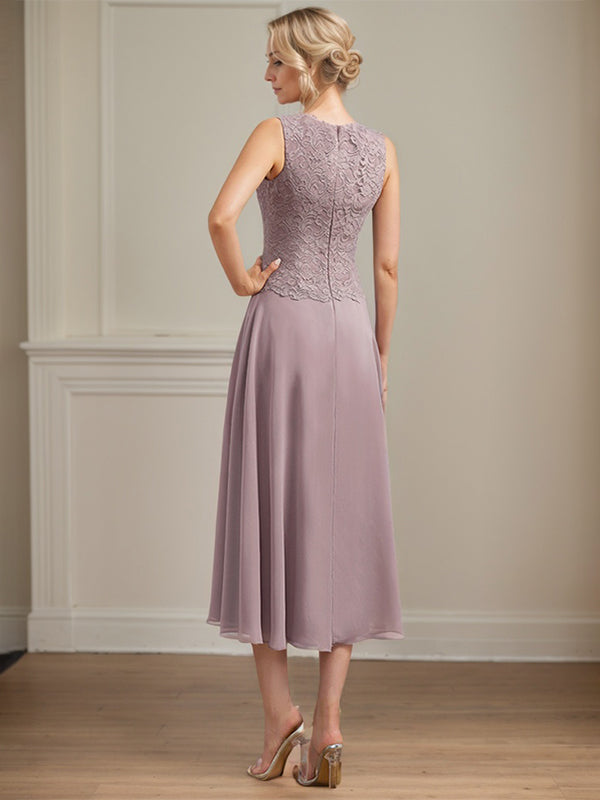 A-Line Scoop Neck Tea-Length Lace Chiffon Mother of the Bride Dress