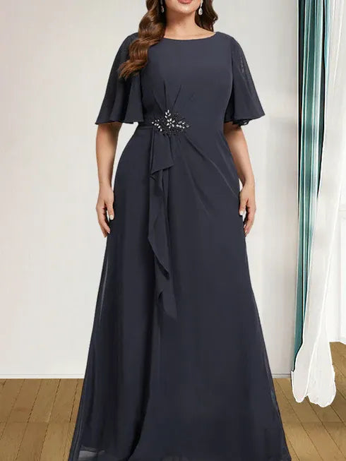 A-Line Scoop Floor-Length Chiffon Mother of the Bride Dress with Cascading Ruffles, Beading, and Sequins