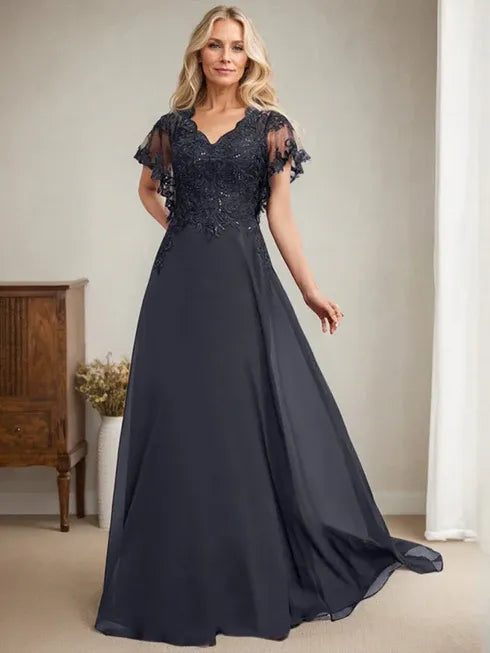 A-Line V-Neck Floor-Length Lace Chiffon Mother of the Bride Dress with Sequins