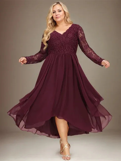 A-Line V-Neck Asymmetrical Lace Chiffon Mother of the Bride Dress