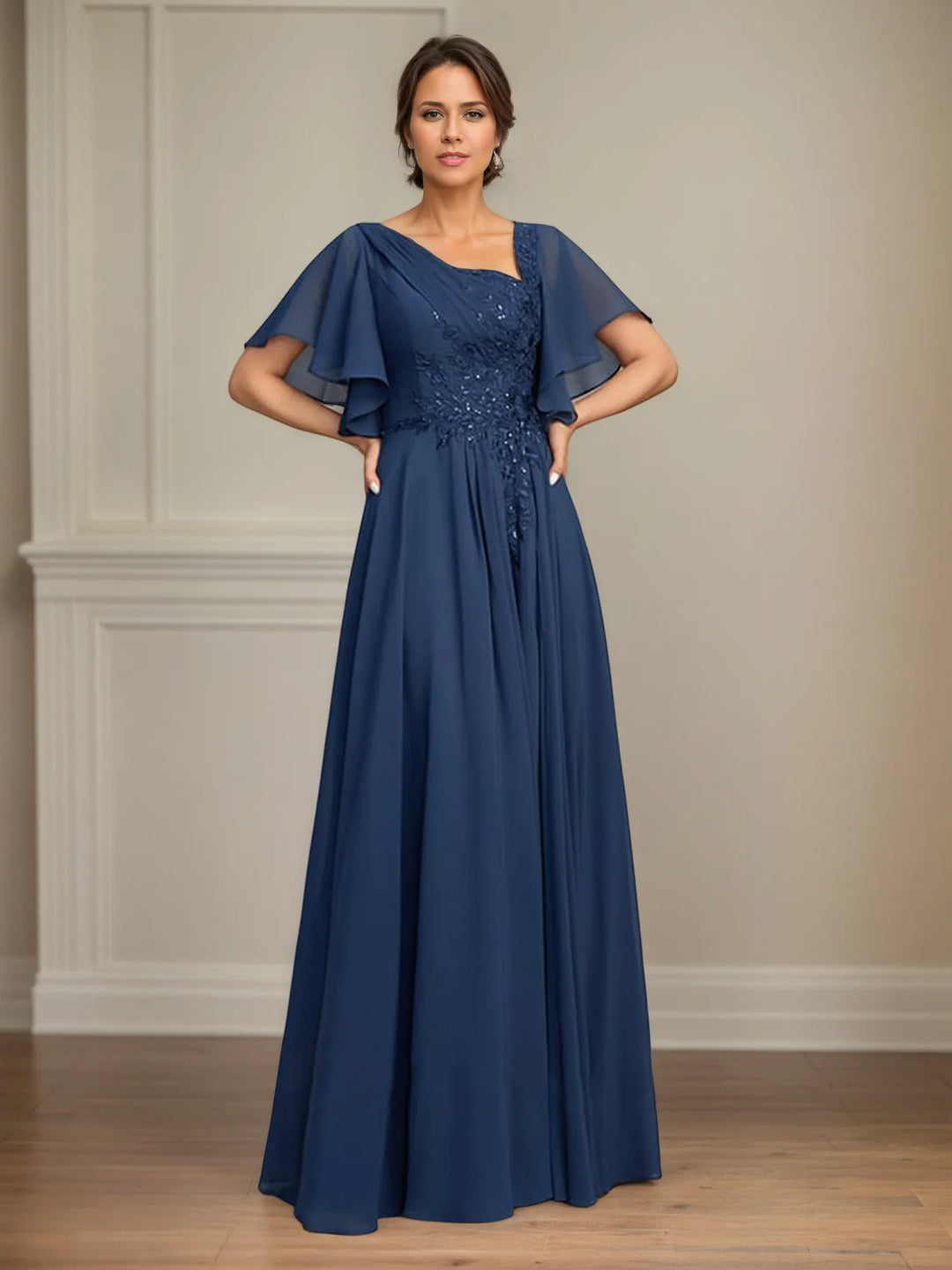 Asymmetrical A-Line Floor-Length Lace and Chiffon Mother of the Bride Dress with Pleated Sequins