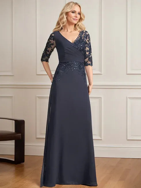 A-Line V-Neck Floor-Length Lace and Chiffon Mother of the Bride Dress with Pleated Sequins