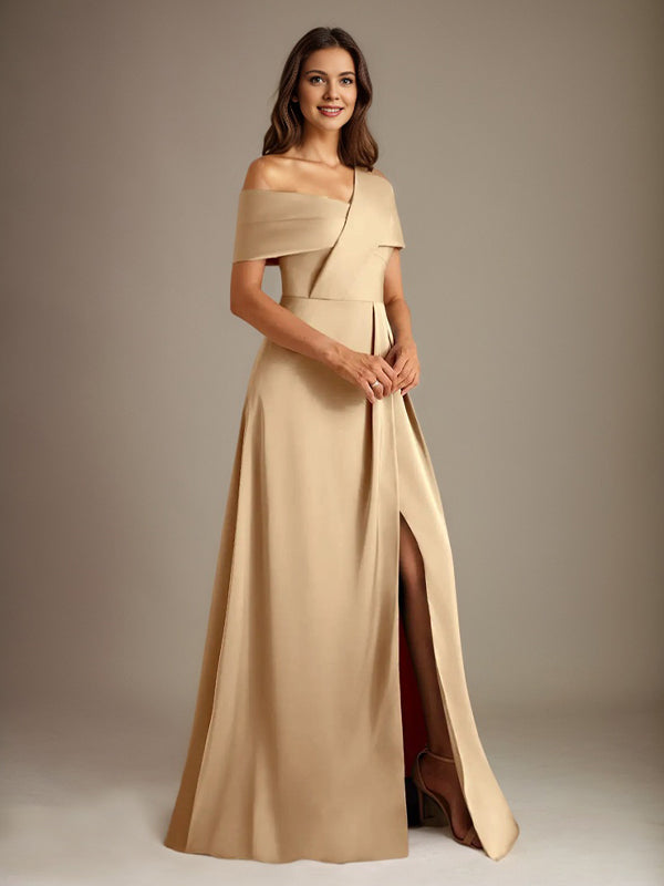 A-Line Satin Mother of the Bride Dress with Asymmetrical Neckline, Floor-Length, and Pleated Design