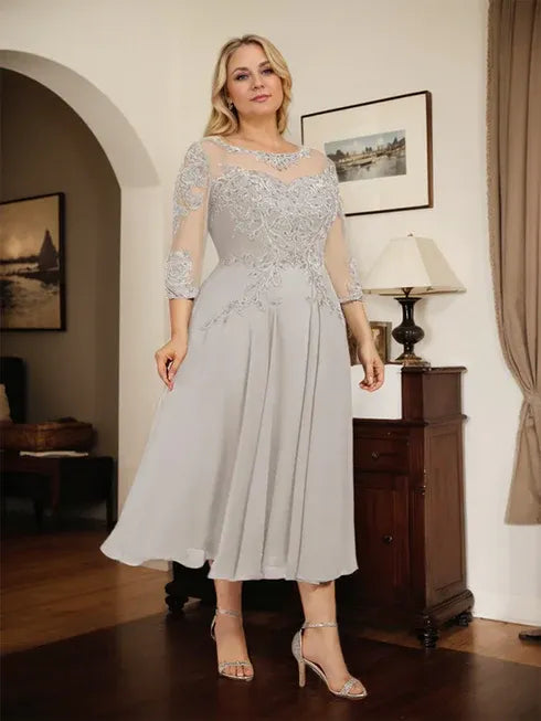 A-Line Scoop Neck Illusion Tea-Length Chiffon and Lace Mother of the Bride Dress with Beading and Sequins
