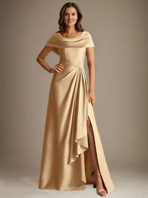 A-Line Scoop Neck Floor-Length Stretch Satin Mother of the Bride Dress with Cascading Ruffles