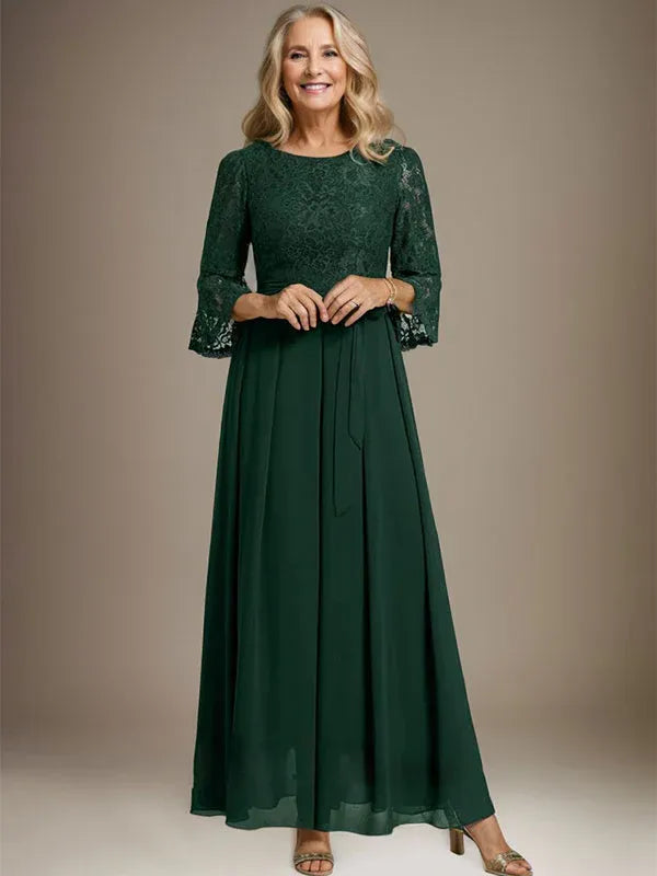 A-Line Scoop Neck Ankle-Length Lace Chiffon Mother of the Bride Dress with Bow