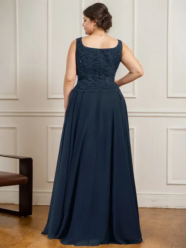 A-Line Square Neck Floor-Length Lace and Chiffon Mother of the Bride Dress with Sequins