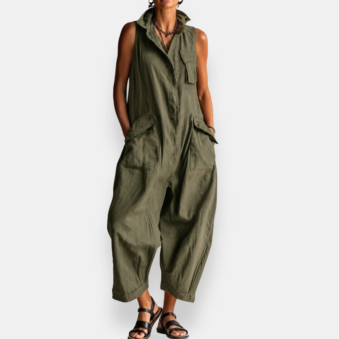 HARLOW | Sleeveless Cargo Jumpsuit with Collar and Flap Pockets