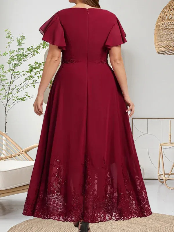 A-Line Scoop Neck Ankle-Length Lace and Chiffon Mother of the Bride Dress with Sequins