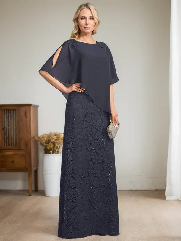 Floor-Length Chiffon Lace Sheath Dress with Sequins and Beading for Mother of the Bride