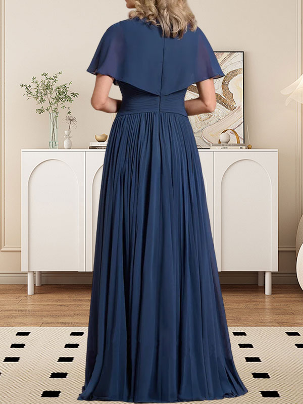 A-Line V-Neck Floor-Length Chiffon Mother of the Bride Dress with Crystal Brooch and Pleated Design