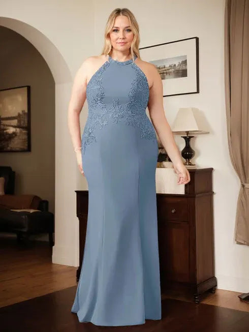 Dusty Blue Sheath Halter Mother of the Bride Dress with Appliqué Details