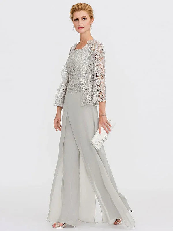 3-Piece Chiffon Square Neck Mother of the Bride Pantsuit Set with Jacket