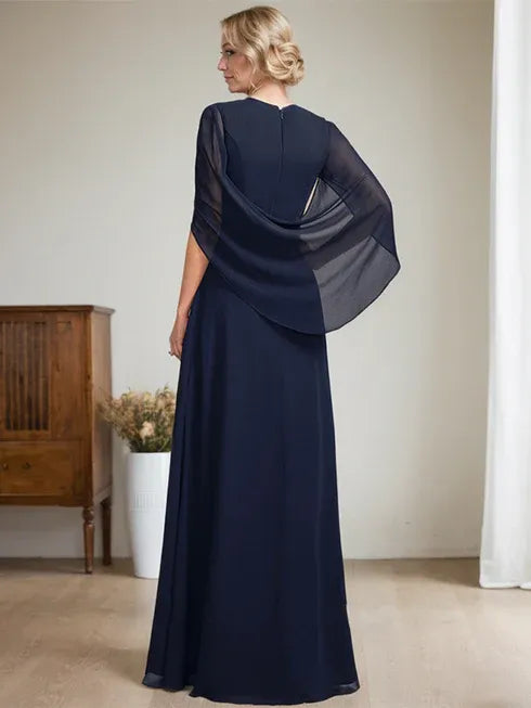 Dark Navy A-Line V-Neck Long Mother of the Bride Dress