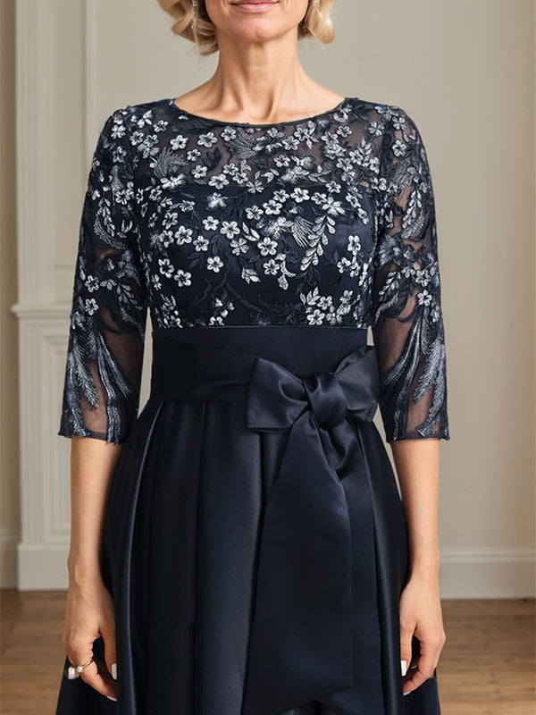 A-Line Scoop Neck Illusion Asymmetrical Satin Lace Mother of the Bride Dress with Bow