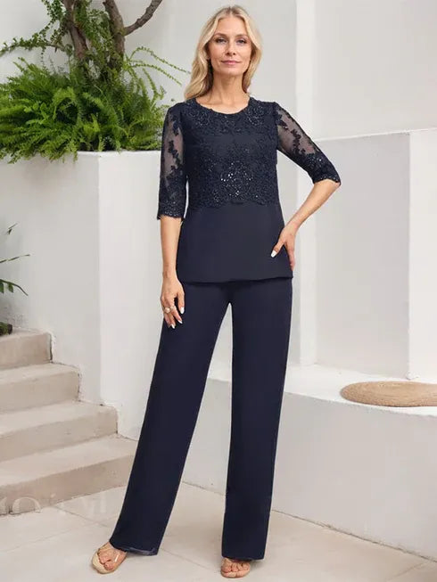 Floor-Length Chiffon Lace Jumpsuit and Pantsuit Separates with Sequins – Perfect Mother of the Bride Dress