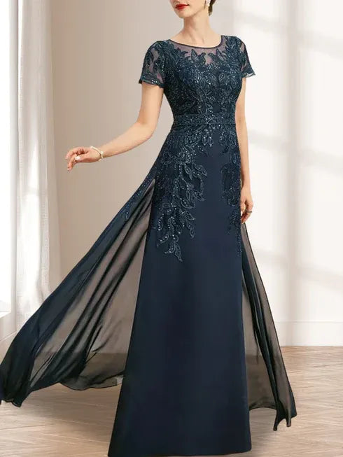 Floor-Length Lace Chiffon Mother of the Bride Dress with Sheath/Column Scoop Illusion and Sequins