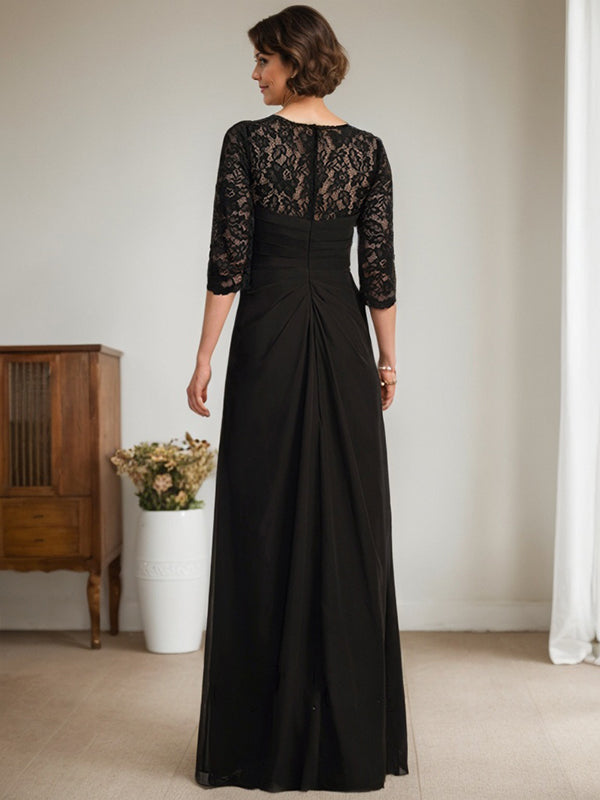 A-Line Scoop Neck Illusion Floor-Length Lace Chiffon Mother of the Bride Dress with Beaded Ruffles