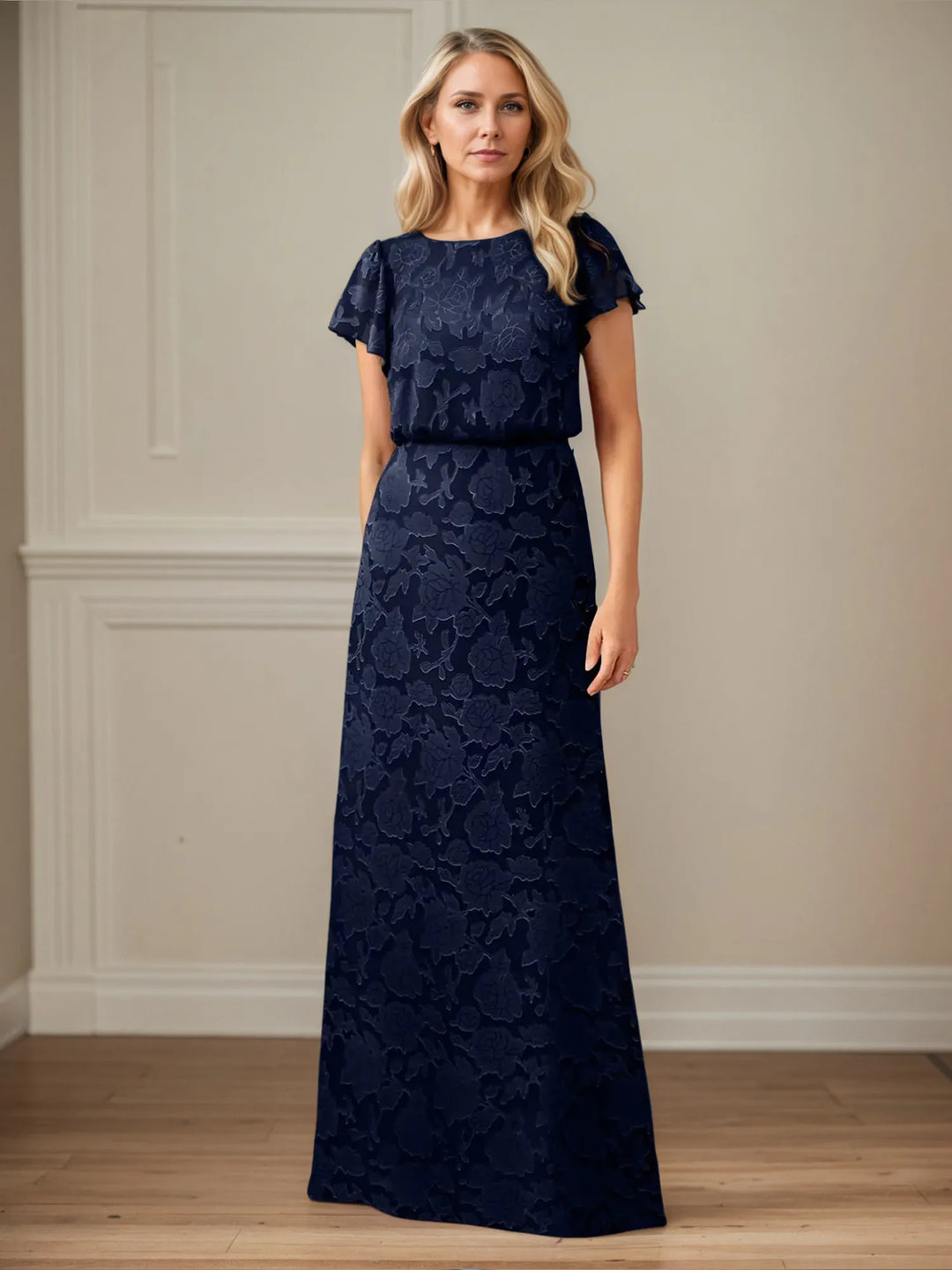 A-Line Boat Neck Short Sleeve Floral Burnout Mother of the Bride Dress