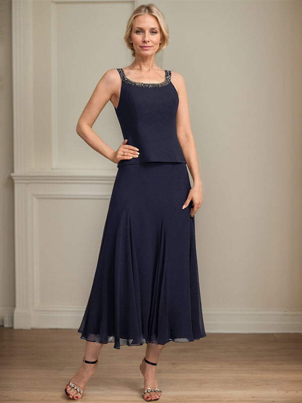 A-line Scoop Tea-Length Chiffon Mother of the Bride Dress with Sequins and Beading Separates