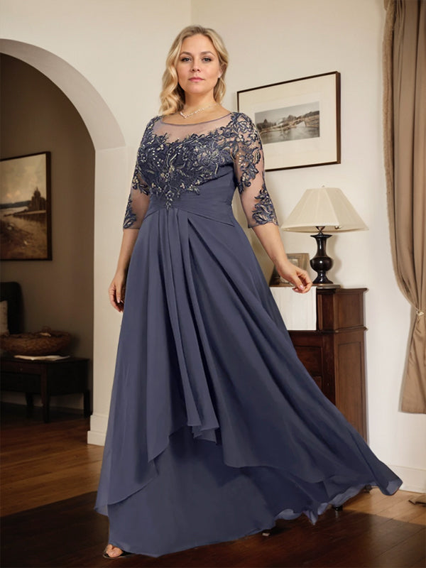 A-Line Scoop Neck Illusion Floor-Length Lace Chiffon Mother of the Bride Dress with Cascading Ruffles