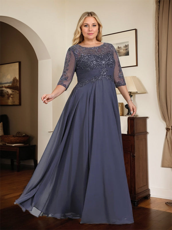 A-Line Scoop Neck Illusion Floor-Length Chiffon and Lace Mother of the Bride Dress with Pleated Sequins