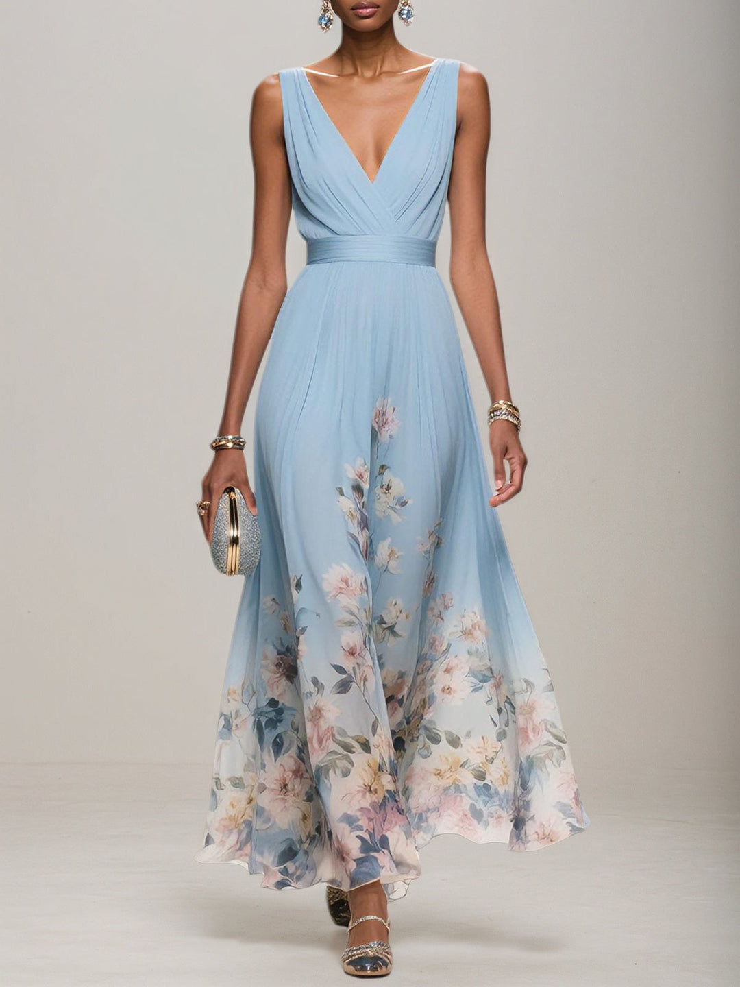 Light Blue Floral Chiffon V-Neck Sleeveless A-Line Maxi Dress