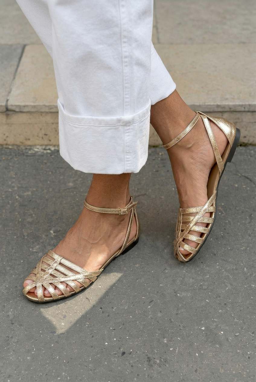 Angelina – Woven Flat Closed-Toe Ankle Strap Sandals