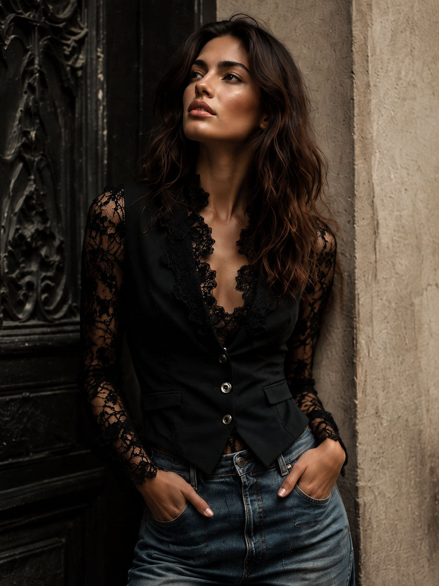 Women's Black Sheer Sleeve Blazer Top