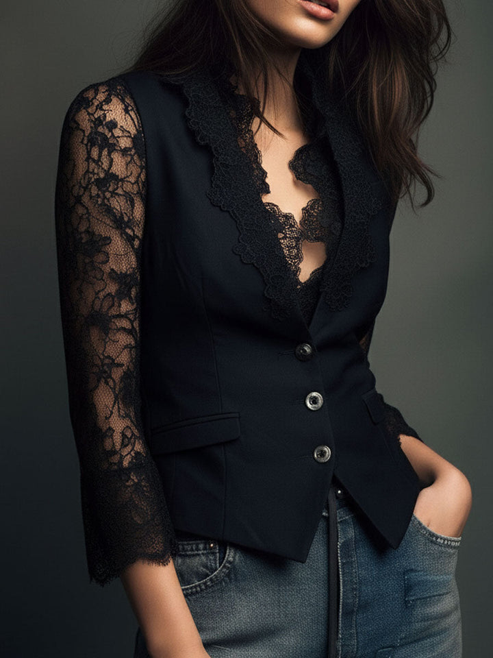 Women's Black Sheer Sleeve Blazer Top
